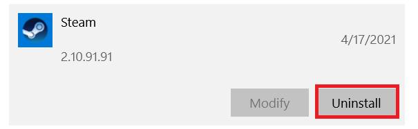 Windows Steam App Uninstall page