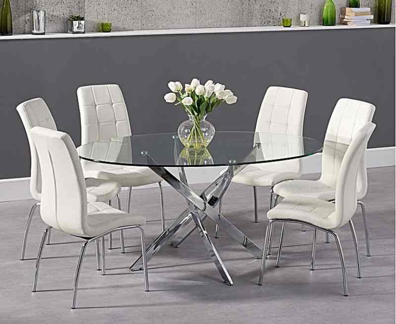 Ex-display Denver 165cm Oval Glass Dining Table with 4 Cream Calgary Chairs
